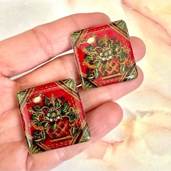 Square Christmas post earrings - Picture 2 of 7